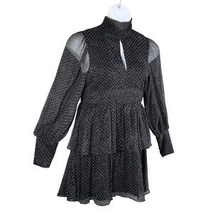 Caballero M 100% Silk Tiered Speckled Long Sleeve Dress Keyhole Turtle Neckline